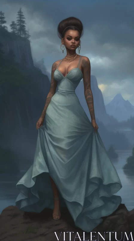 AI ART Captivating Woman in Blue Dress by River - Tattoo Inspired Art
