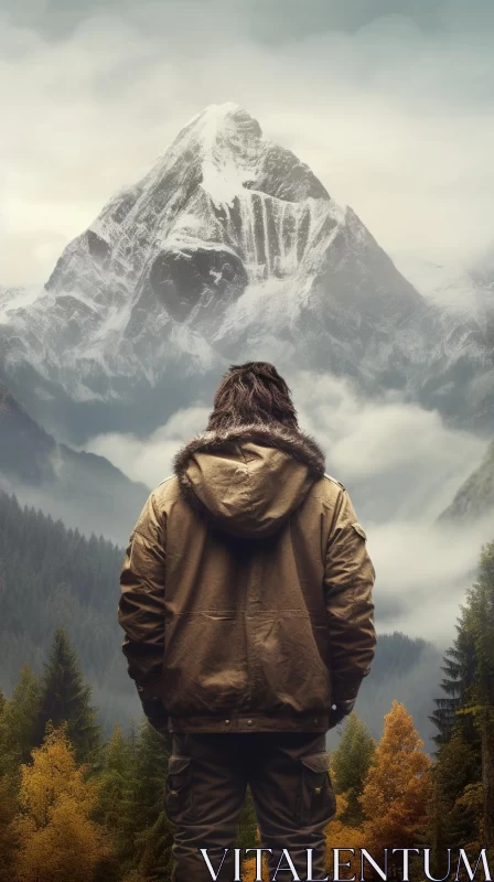 Lone Man Against Mountain Backdrop - Atmospheric Portraiture AI Image