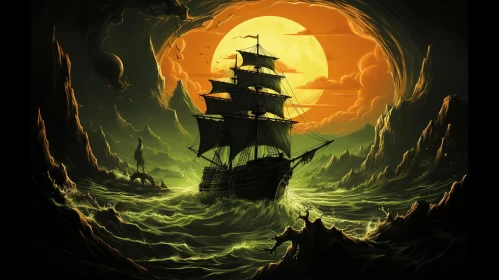 Overwater Sail Ship in Dark Ocean - A Macabre Fantasy AI Image