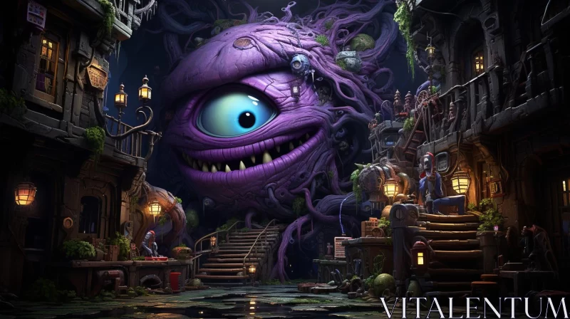 Purple Monster in a Neo-Victorian City Landscape AI Image