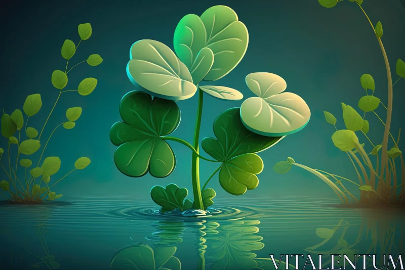 Surrealistic Cartoon Style Clover in Water - Nature Wonders Art AI Image