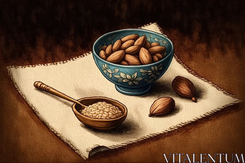 AI ART 2D Game Art Style Still Life - Bowls of Almonds on Cloth