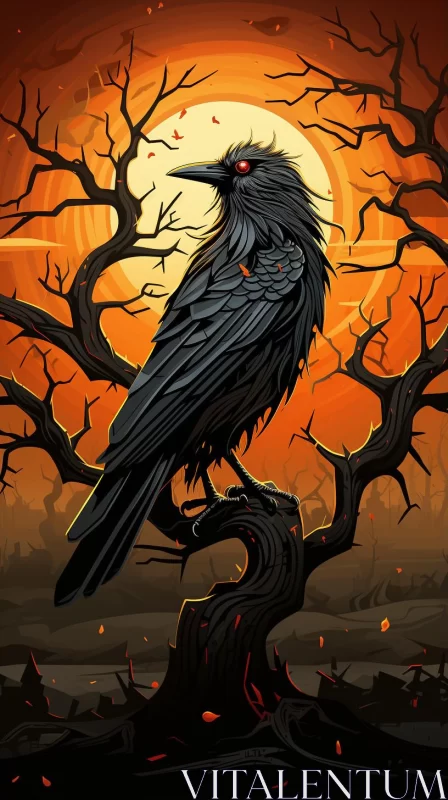 AI ART Black Crow on Tree Branch - Halloween Themed Art