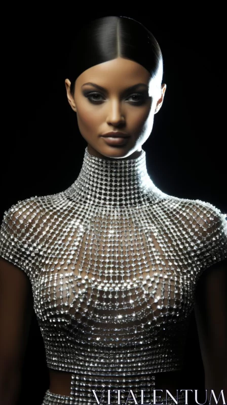 Crystal Fashion: A Model in Glass Outfit with Metallic Finish AI Image