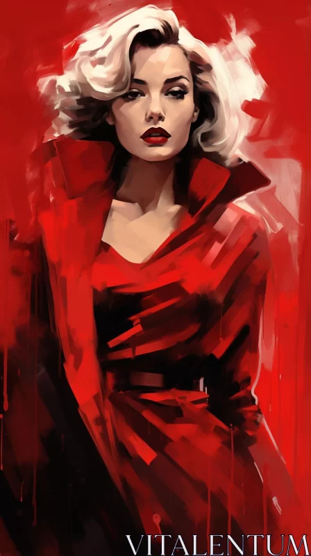 Lady in Red: A Fashion Illustration in Film Noir Style AI Image