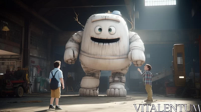 Boy Standing Next to Gigantic Robot: A Joyful Encounter AI Image