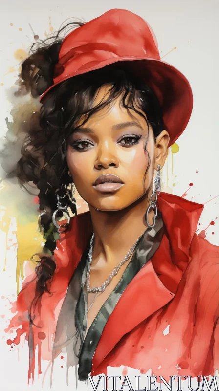 Fashionable Woman in Red Hat - Hip-Hop Style Artwork AI Image