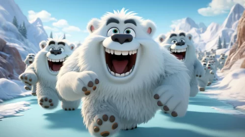 Joyful Animated Polar Bears in Winter Landscape AI Image
