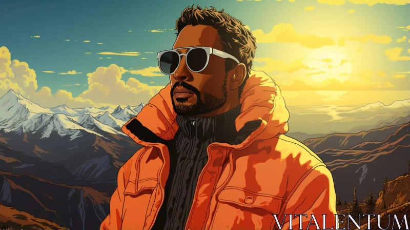 Man in Orange Jacket Standing on Mountain - Stylized Portrait AI Image