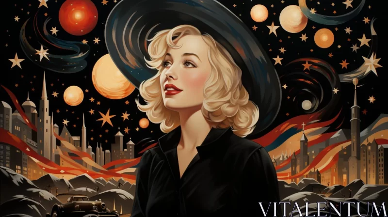 Marilyn Monroe Amidst Celestial Backdrop and Cityscape AI Image