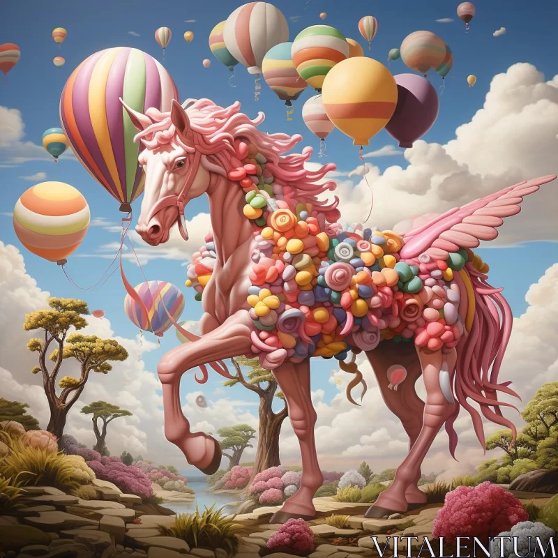 AI ART Pink Unicorn with Balloons in a Candycore Field