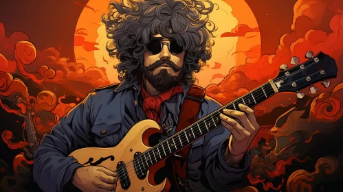 Psychedelic Comic Book Illustration of Man with Guitar AI Image