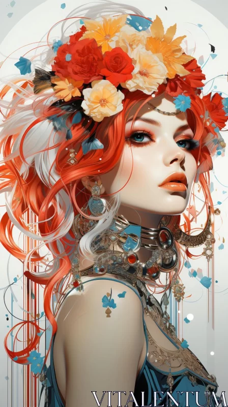 Stunning Portrait of Woman with Floral Crown in Realistic Fantasy Style AI Image