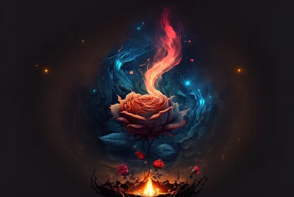 Dreamlike Illustration of a Rose in Flames