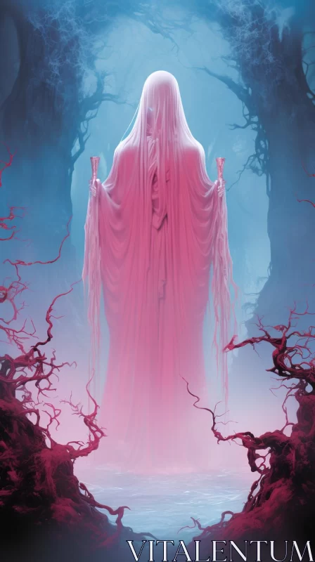 Ethereal Pink Ghost in a Dark Forest: An Illustration AI Image