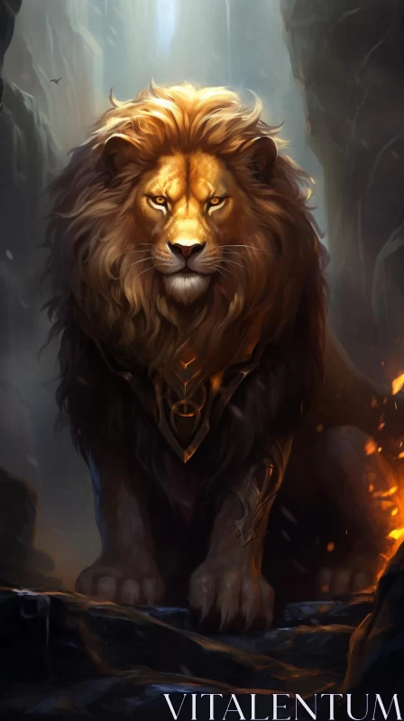 Fiery King: Majestic Lion in Bronze and Dark Gold AI Image