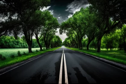 Highway amidst Green Trees: A Serene Forest Drive