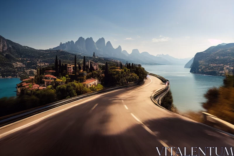 Italian Landscapes: Serene Lake and Mountain Road AI Image