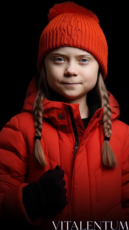 Luminous Portrait of  Greta Thunberg in Red Coat AI Image