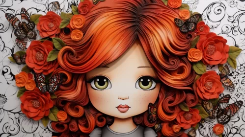 Red-Haired Girl with Butterflies and Flowers Artwork AI Image