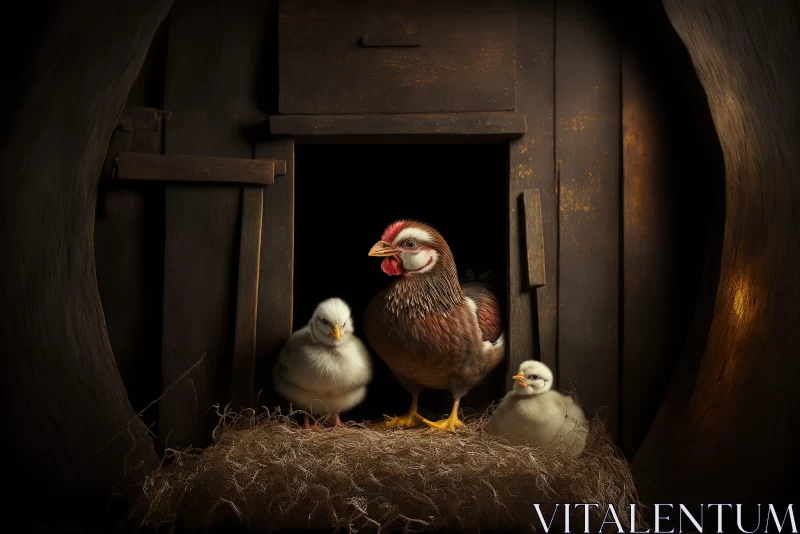 Rustic Portraiture of Chickens and Chicks in Barn AI Image
