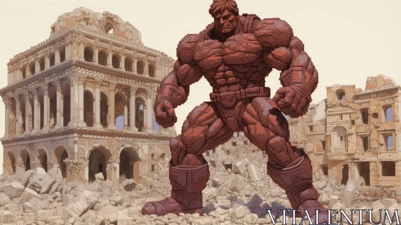 Ancient Warrior in Grandiose Ruins: A Maroon and Crimson Artwork AI Image