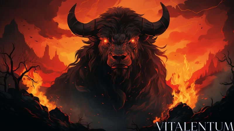 Fiery Bull: Traditional Oil Painting Style Fantasy Wallpaper AI Image