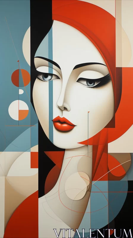 Abstract Woman's Portrait with Red Accents and Serene Expressions AI Image