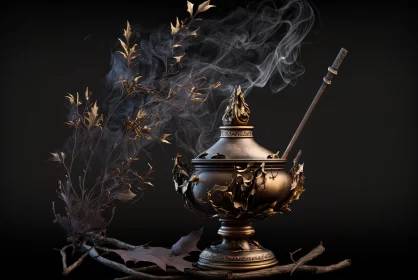 Gold Cauldron with Smoke and Intricate Foliage - A Magical Still-life