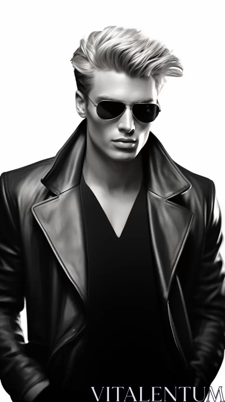 AI ART Monochrome Fashion Illustration of Male Model in Leather Jacket