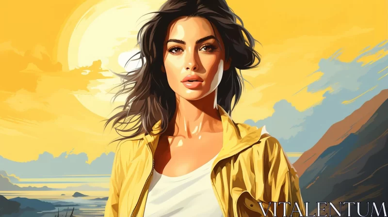 Serene Beach Portrait - Woman in Yellow Jacket AI Image
