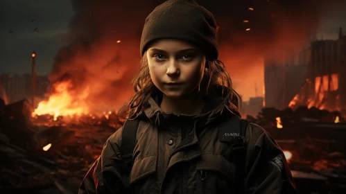 Apocalyptic Cityscape: Girl Amidst Burning Buildings