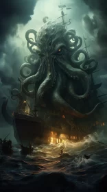 Monstrous Sea Creature Ensnaring Ship - Darkly Detailed Wizardcore Art AI Image