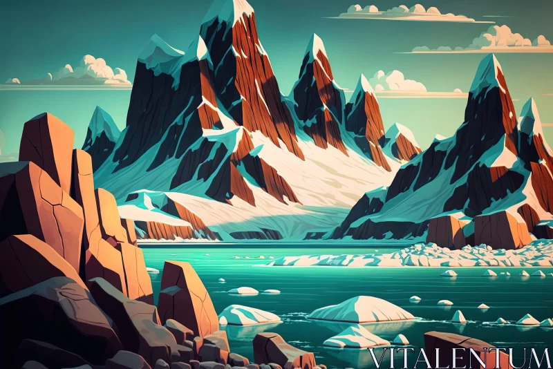 Serene Lake and Majestic Mountains: A Cartoon Illustration AI Image