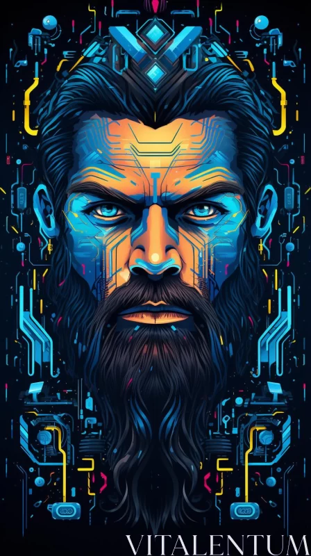 Tech-Inspired Art: Bearded Man and Machine Faces AI Image