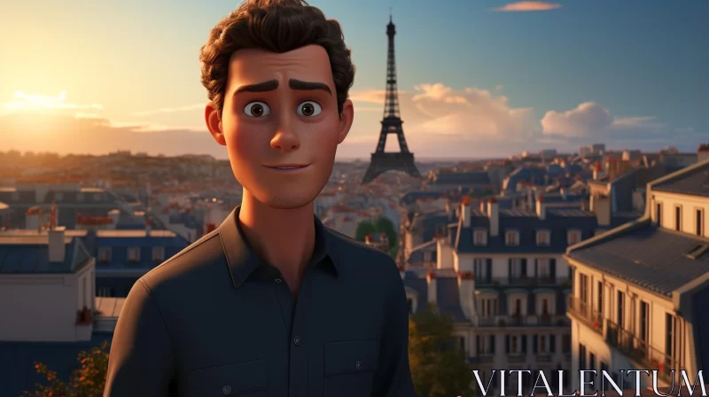 Animated Scene of a Young Man Overlooking Paris at Sunset AI Image