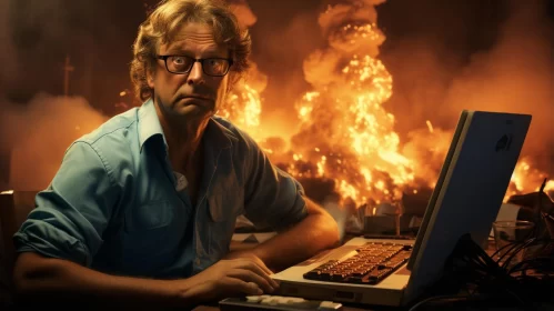 Man with Laptop Amidst Flames: A Satirical Commentary