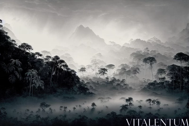 Misty Mountain Forest - Monochromatic Landscape AI Image