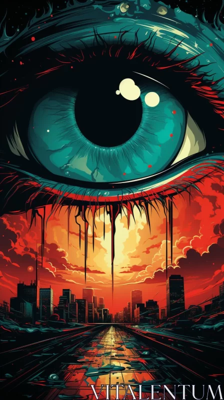 AI ART Abstract Art: Eye Overseeing Red Sunset Cityscape