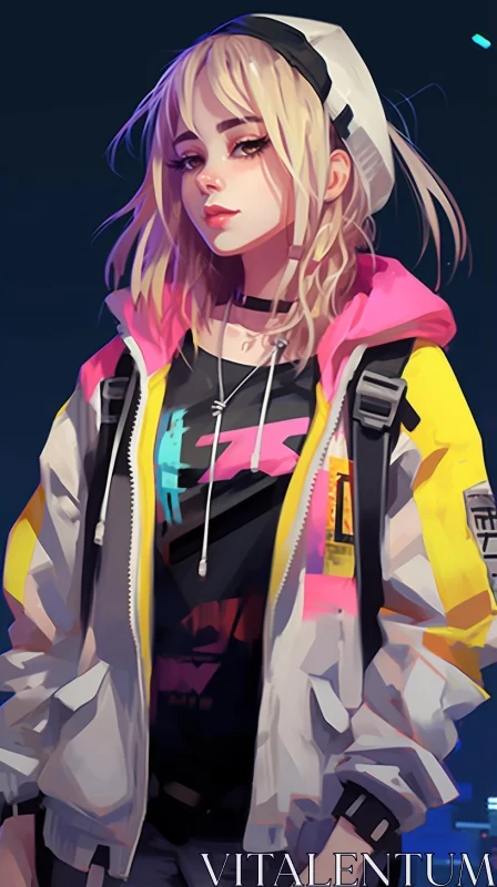 AI ART Anime Girl in Jacket - Neon Realism Wallpaper
