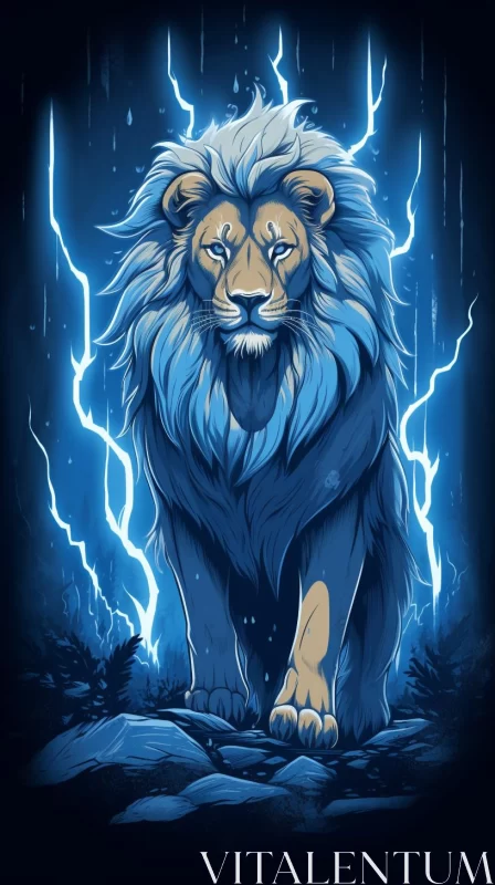 Blue Lion amidst Lightning Storm: A Study in Magic Realism AI Image