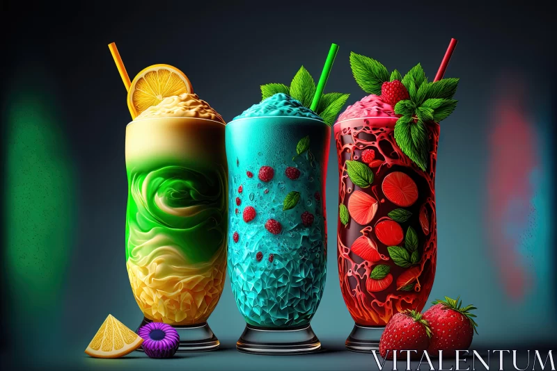 AI ART Colorful Trio of Drinks: A Blend of Realism and Surreal Elements