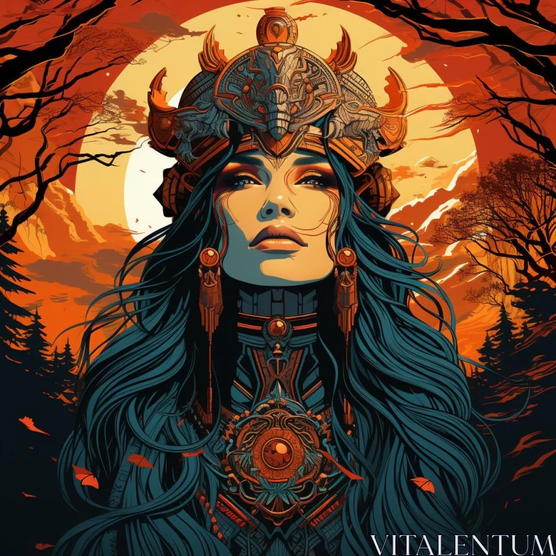 Fantasy Woman in Armour Amidst Forest - Art Nouveau Style Illustration AI Image