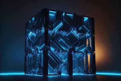 Futuristic 3D Cube Design in Dark - Industrial Fragments and Glowing Lights