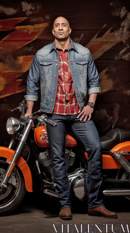 Male Model with Motorcycle in Rustic Americana Setting AI Image