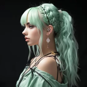 Woman with Emerald Green Hair in Pastel Gothic Style AI Image