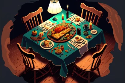 Festive Kitchen Table Setting in Emerald and Amber AI Image
