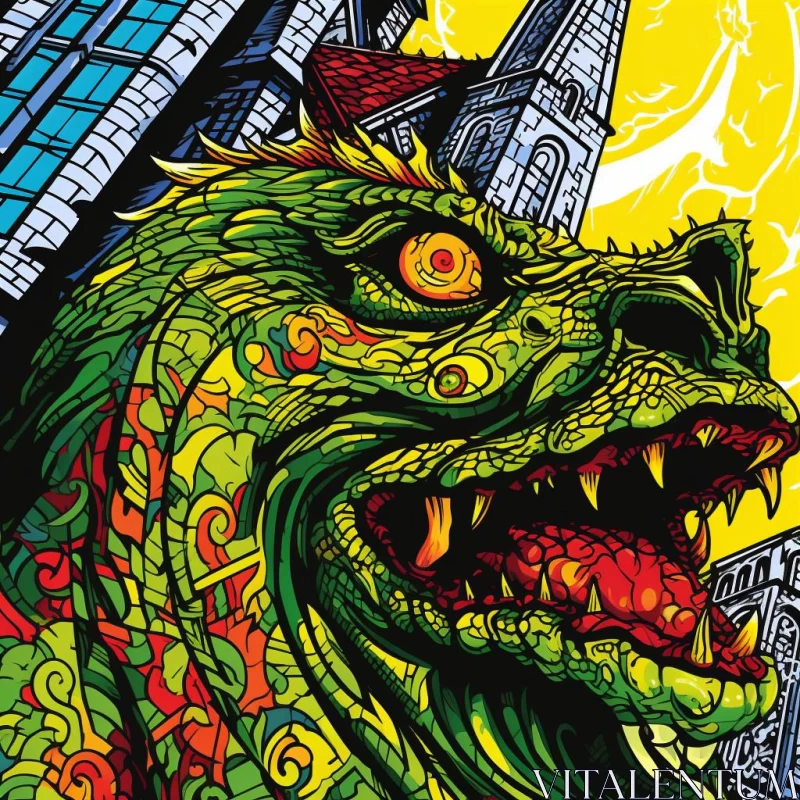 Pop Art Dragon Monster in Vibrant Cityscape - Concert Poster Illustration AI Image