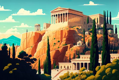 Greek Temple on Hill: Vintage Modernism Meets Cartoon Illustrations