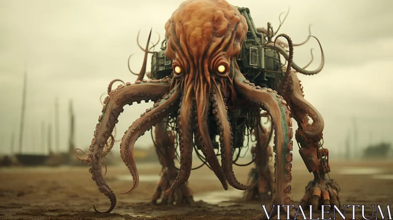 Post-Apocalyptic Robotic Octopus in Dieselpunk Style AI Image